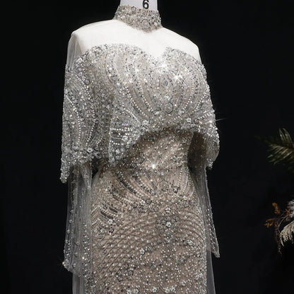 Luxury Gray Beaded Crystal Evening Dress with Cape SS557