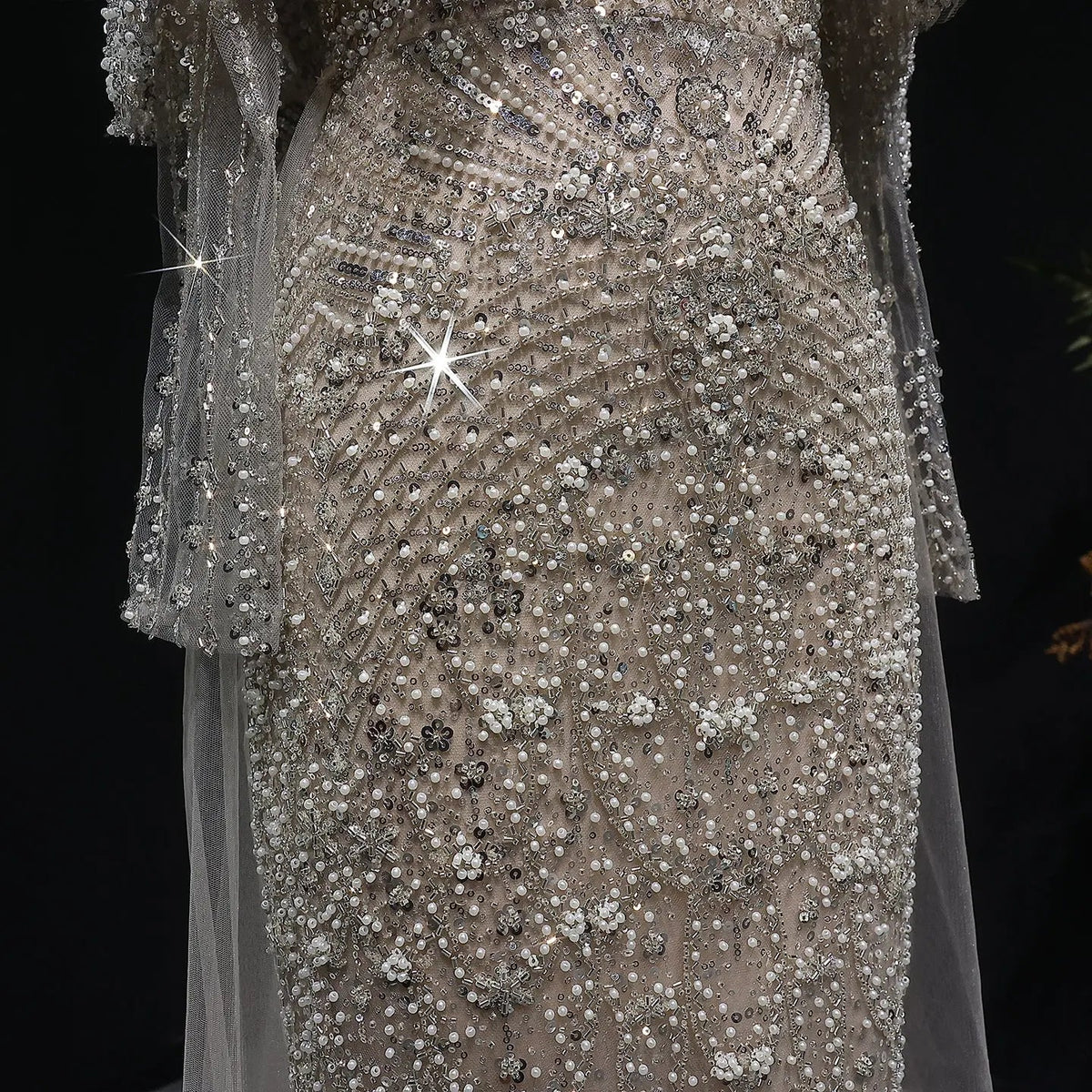 Luxury Gray Beaded Crystal Evening Dress with Cape SS557