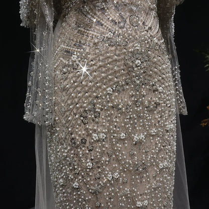 Luxury Gray Beaded Crystal Evening Dress with Cape SS557