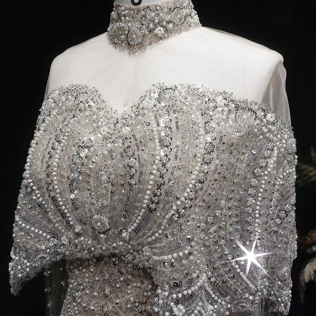Luxury Gray Beaded Crystal Evening Dress with Cape SS557