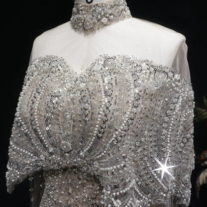 Luxury Gray Beaded Crystal Evening Dress with Cape SS557