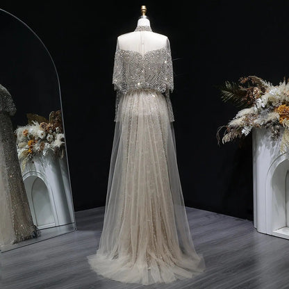 Luxury Gray Beaded Crystal Evening Dress with Cape SS557