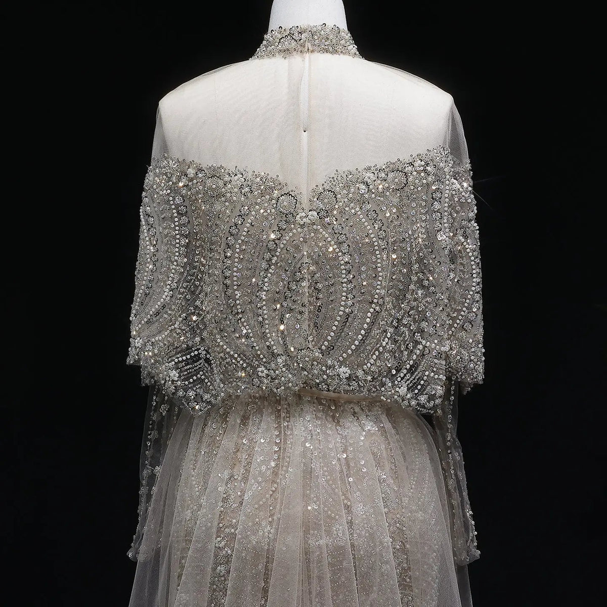Luxury Gray Beaded Crystal Evening Dress with Cape SS557