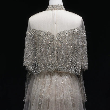 Luxury Gray Beaded Crystal Evening Dress with Cape SS557