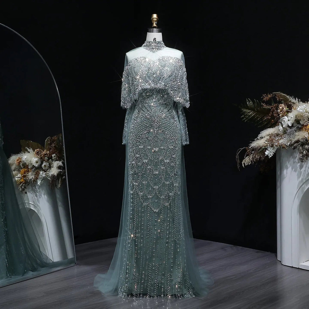 Luxury Gray Beaded Crystal Evening Dress with Cape SS557
