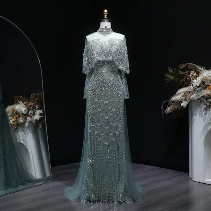 Luxury Gray Beaded Crystal Evening Dress with Cape SS557