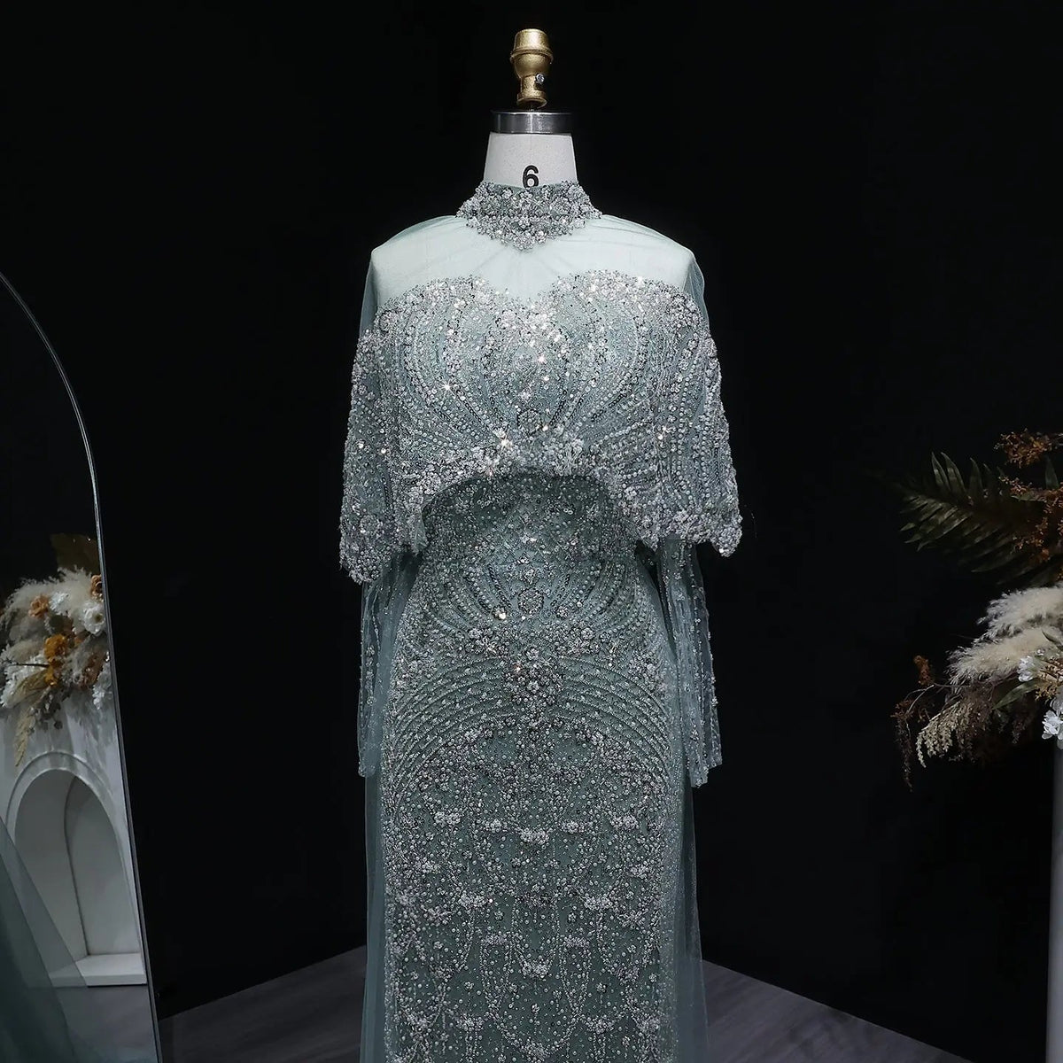 Luxury Gray Beaded Crystal Evening Dress with Cape SS557