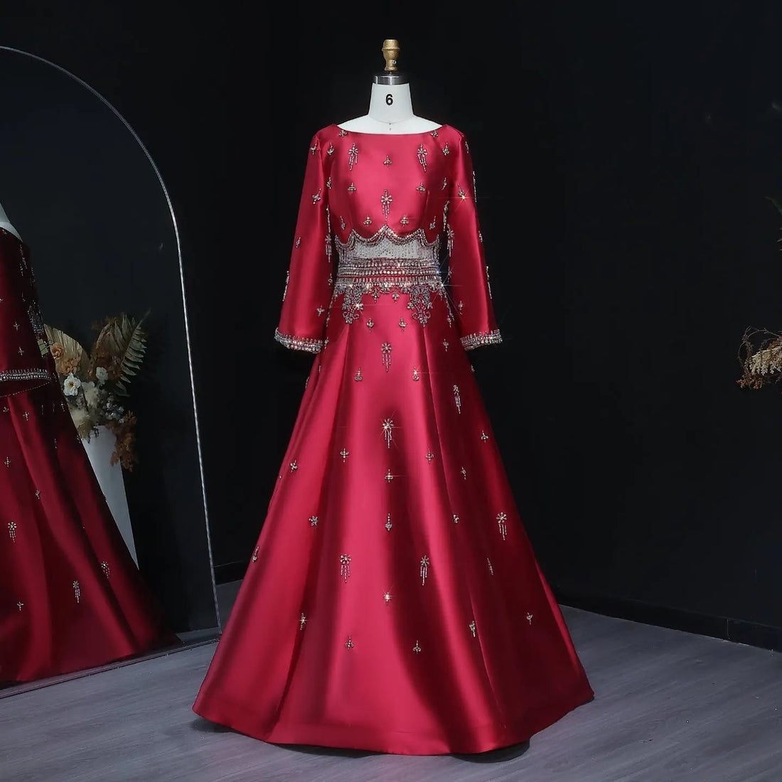 Luxury Burgundy Crystal Beaded 2 Piece Long Sleeve Evening Dress SS573