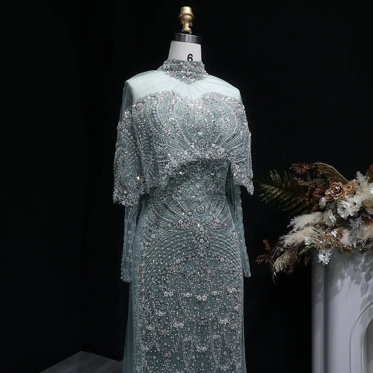 Luxury Gray Beaded Crystal Evening Dress with Cape SS557