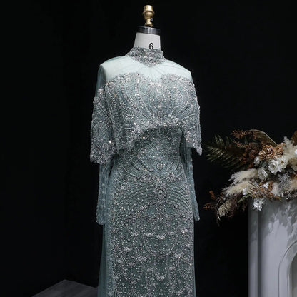 Luxury Gray Beaded Crystal Evening Dress with Cape SS557