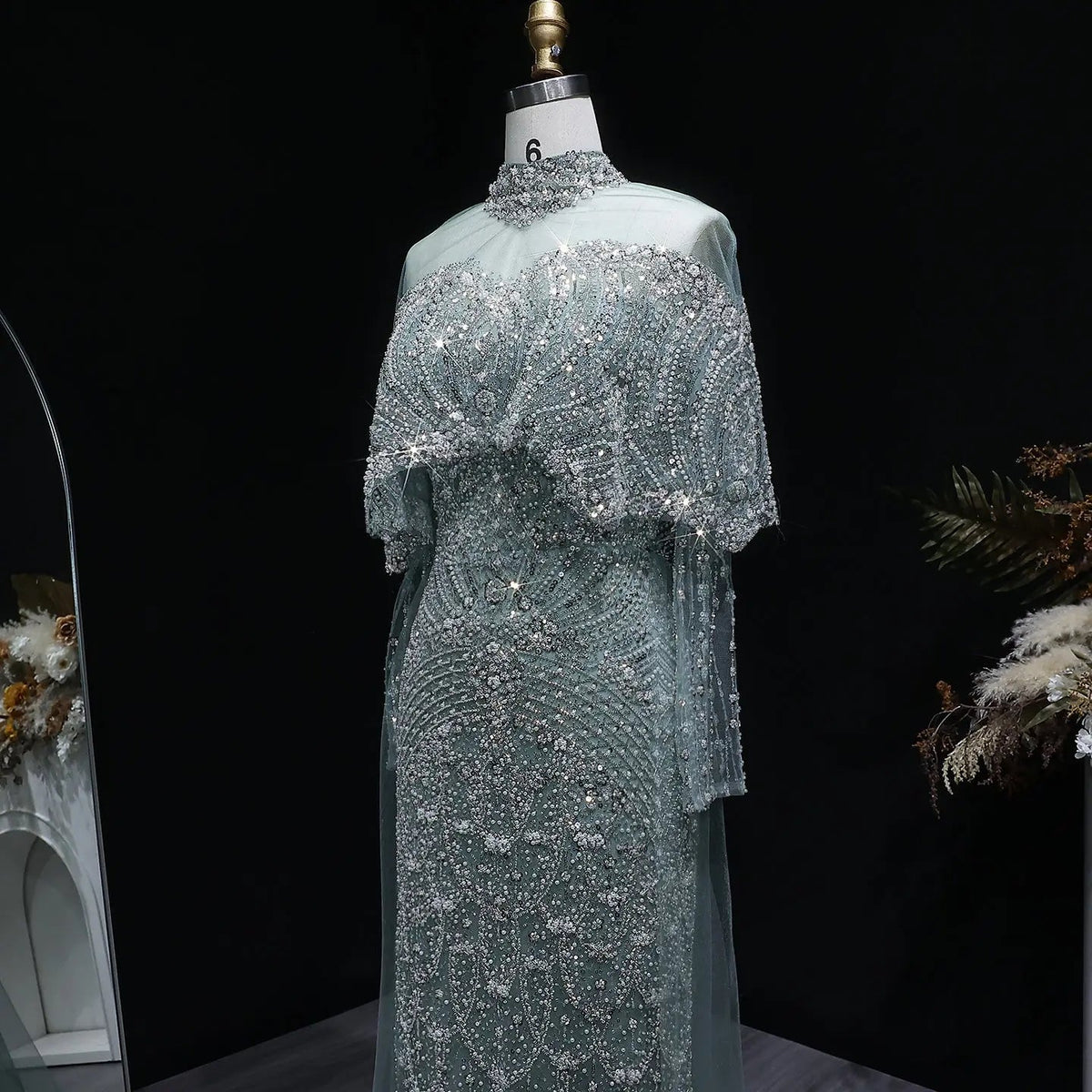 Luxury Gray Beaded Crystal Evening Dress with Cape SS557