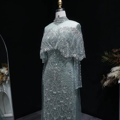 Luxury Gray Beaded Crystal Evening Dress with Cape SS557