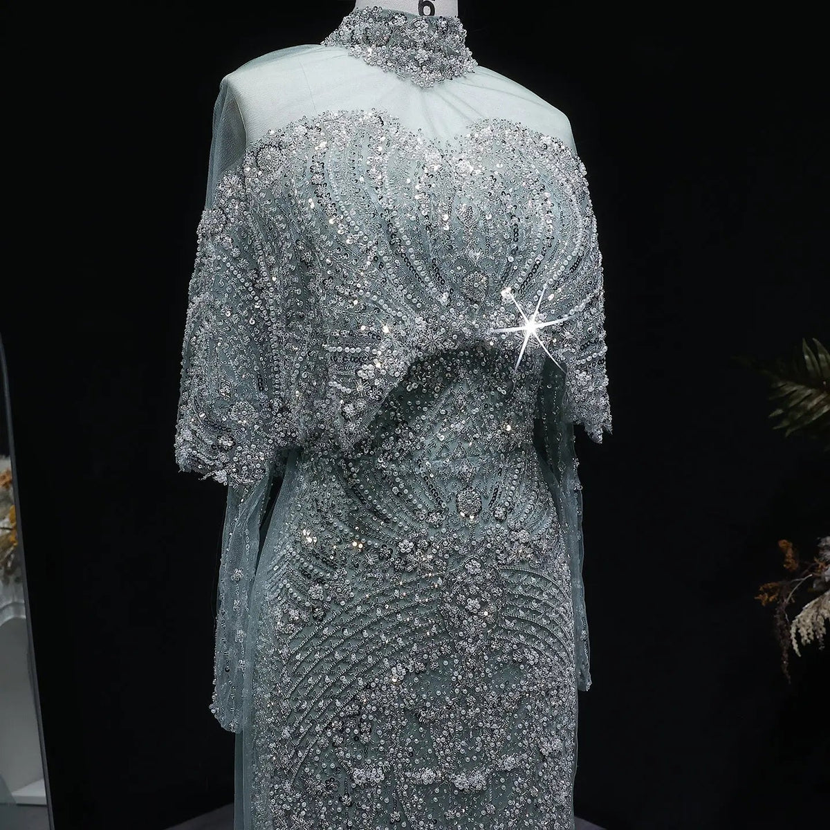 Luxury Gray Beaded Crystal Evening Dress with Cape SS557