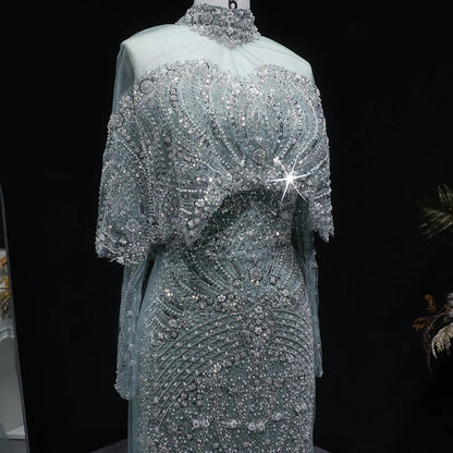 Luxury Gray Beaded Crystal Evening Dress with Cape SS557