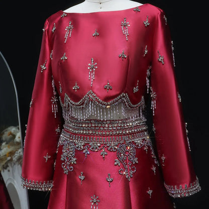 Luxury Burgundy Crystal Beaded 2 Piece Long Sleeve Evening Dress SS573