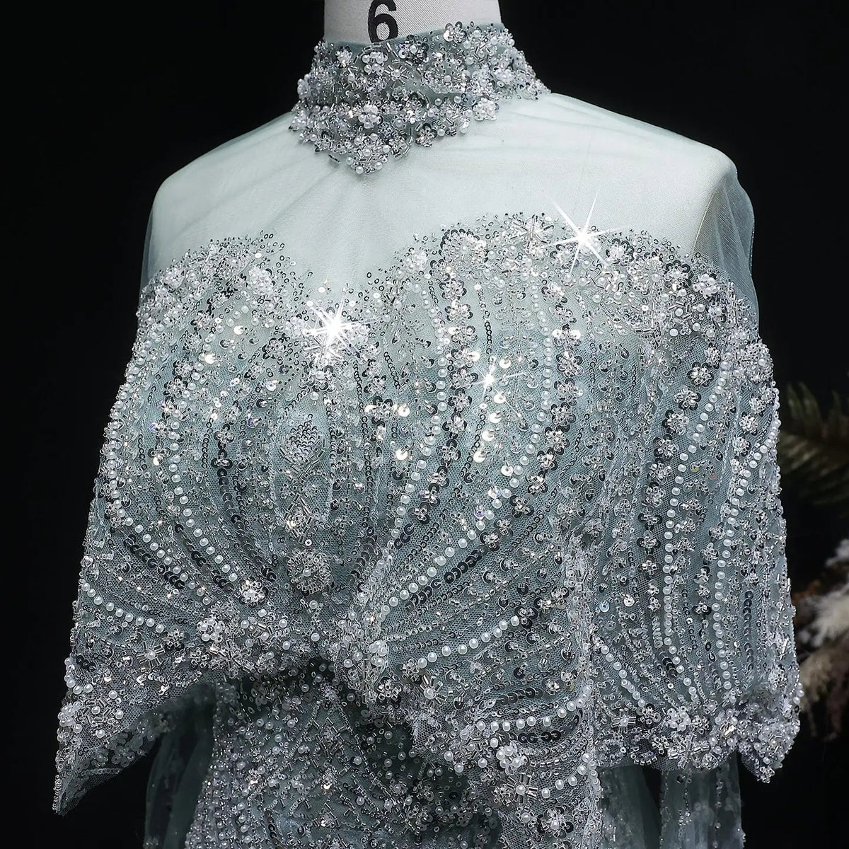 Luxury Gray Beaded Crystal Evening Dress with Cape SS557