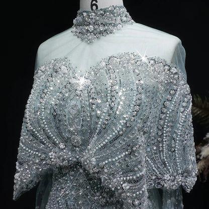 Luxury Gray Beaded Crystal Evening Dress with Cape SS557
