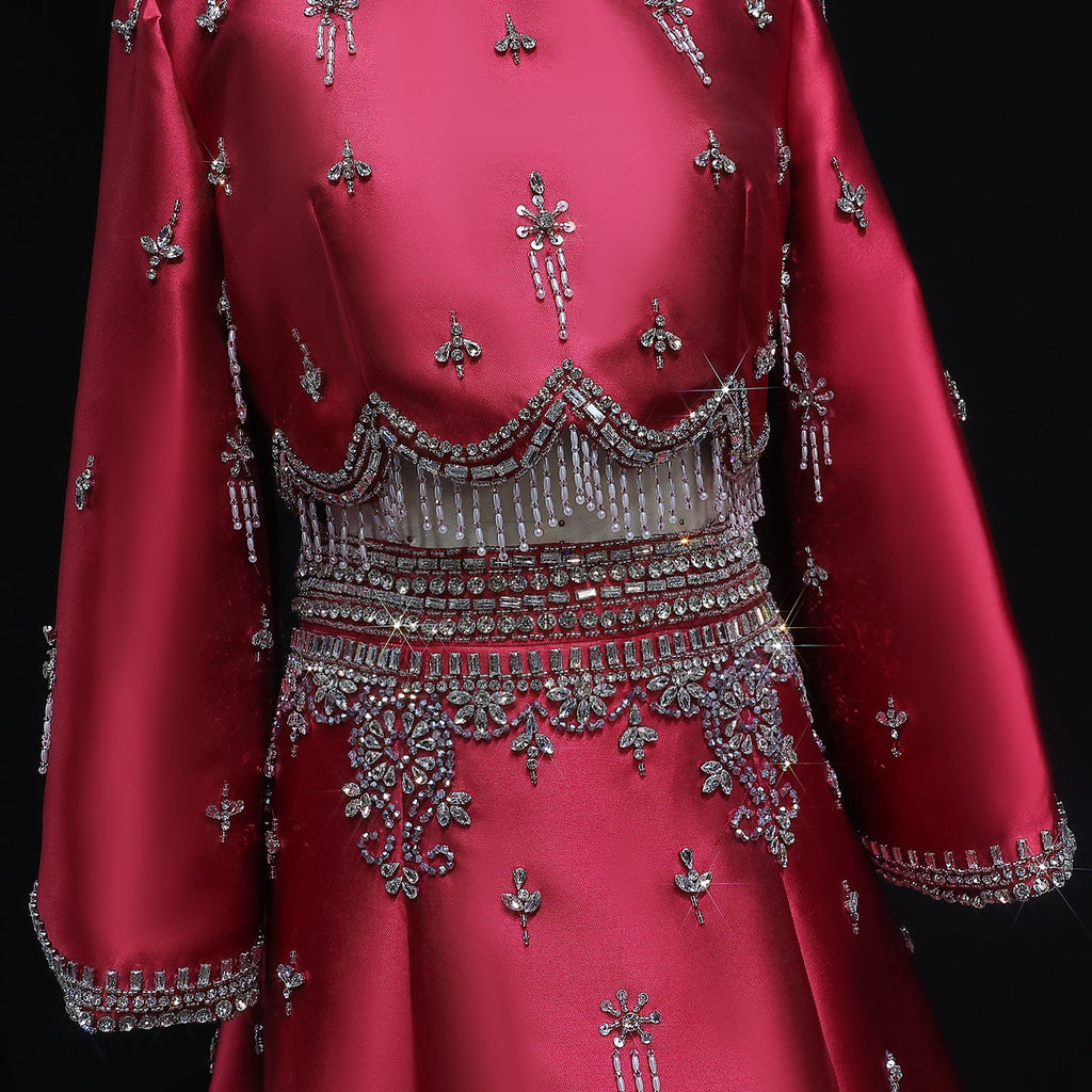 Luxury Burgundy Long Sleeve Crystal Beaded 2-Piece Evening Dress SS573