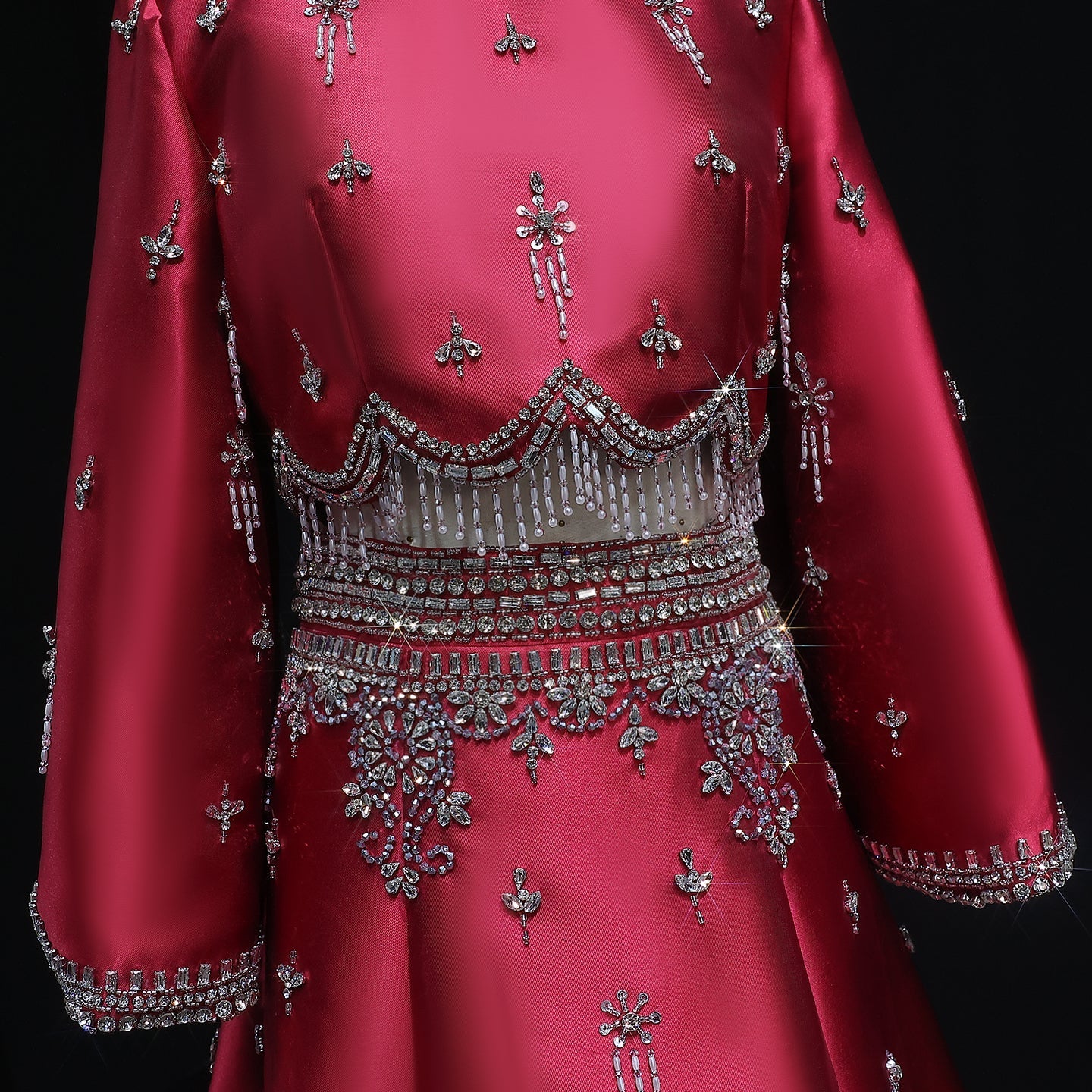Luxury Burgundy Long Sleeve Crystal Beaded 2-Piece Evening Dress SS573