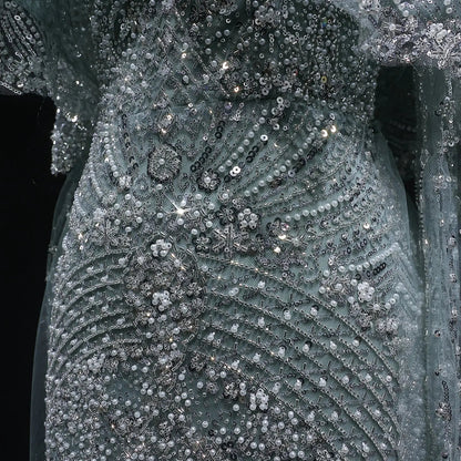 Luxury Gray Beaded Crystal Evening Dress with Cape SS557