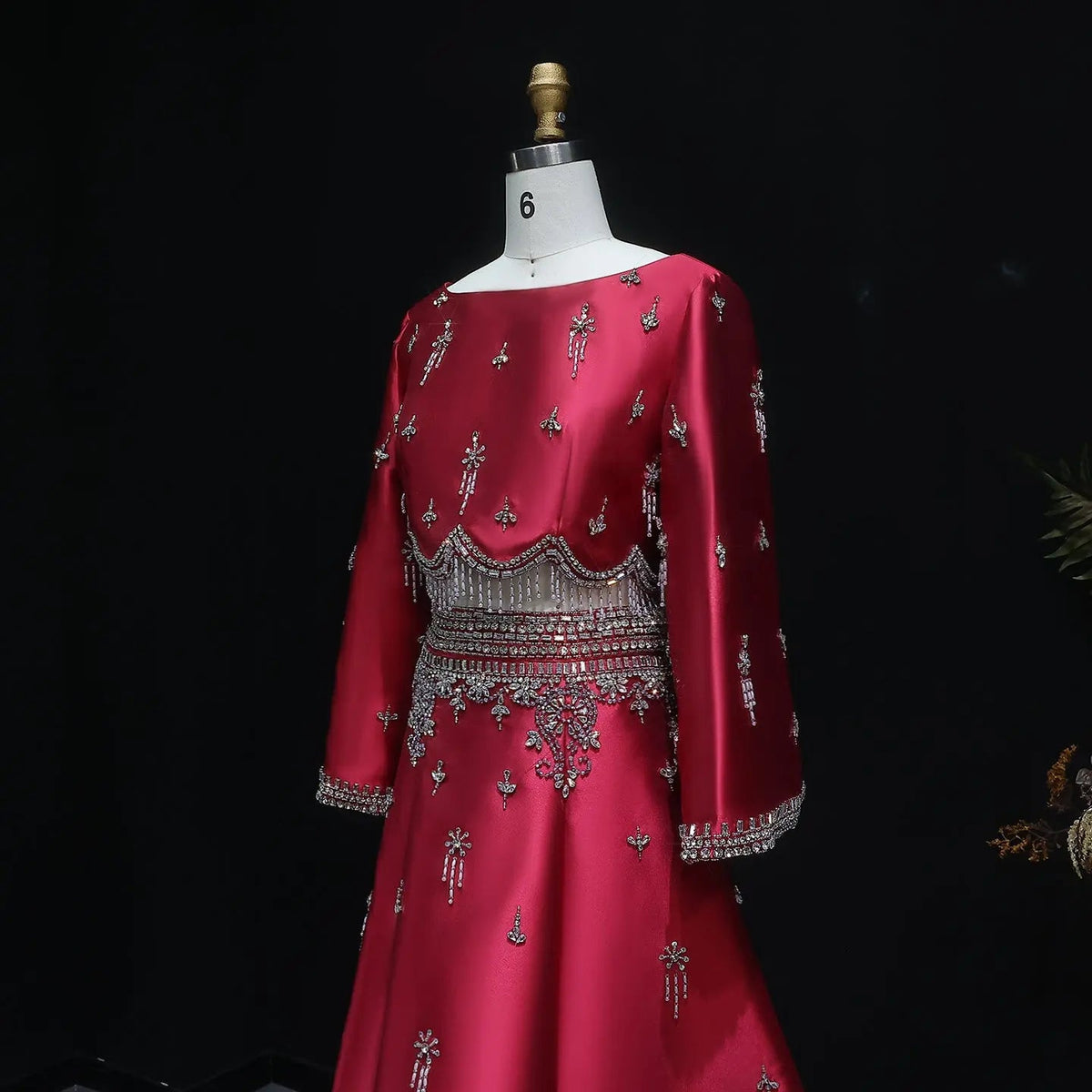 Luxury Burgundy Crystal Beaded 2 Piece Long Sleeve Evening Dress SS573