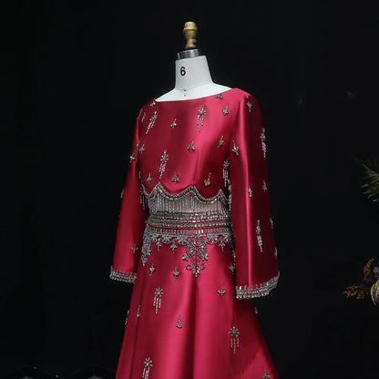 Luxury Burgundy Crystal Beaded 2 Piece Long Sleeve Evening Dress SS573