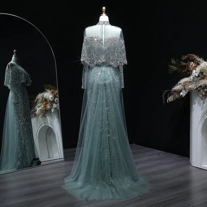 Luxury Gray Beaded Crystal Evening Dress with Cape SS557