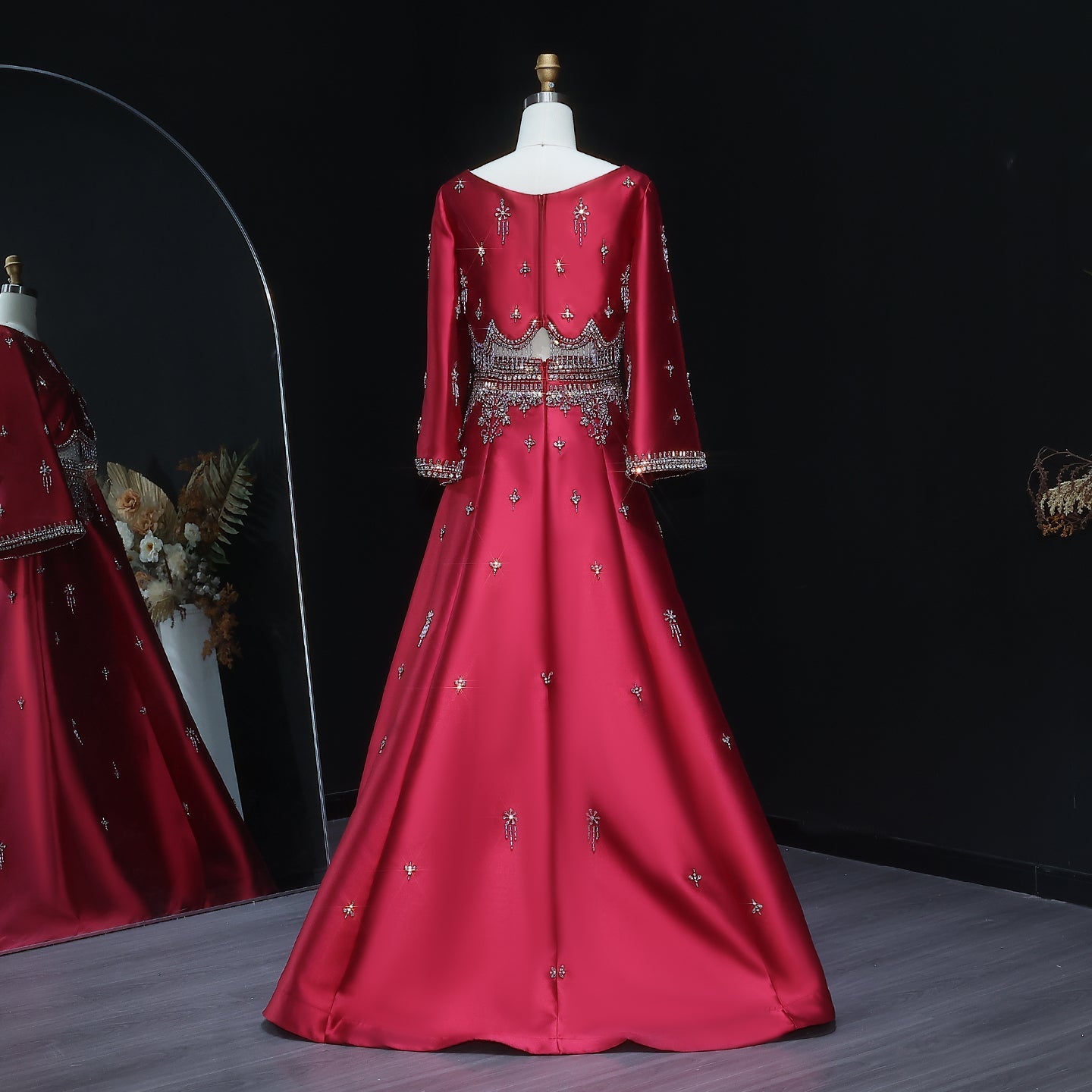 Luxury Burgundy Long Sleeve Crystal Beaded 2-Piece Evening Dress SS573
