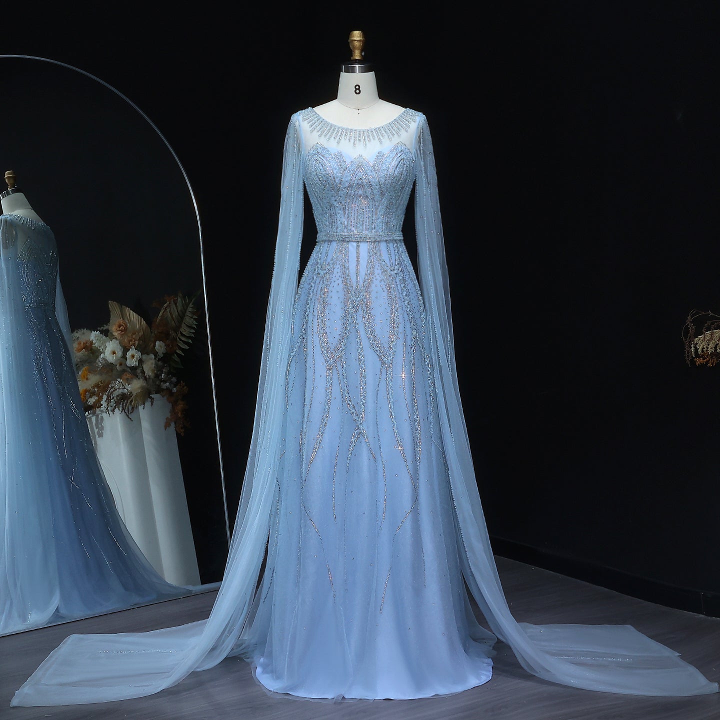Stunning Beaded Blue Scoop Neck Evening Dress with Cape Sleeve SS032