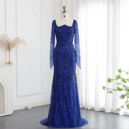 Luxury Beaded Champagne Long Sleeves Mermaid Evening Dress SS686