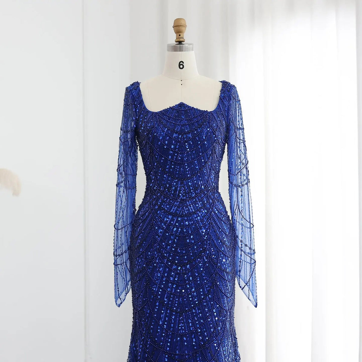 Luxury Beaded Champagne Long Sleeves Mermaid Evening Dress SS686