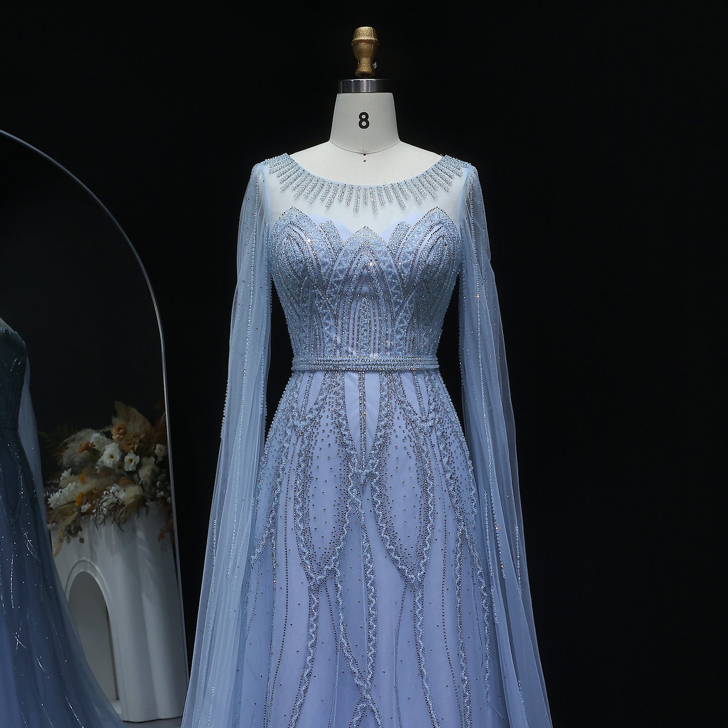Stunning Beaded Blue Scoop Neck Evening Dress with Cape Sleeve SS032