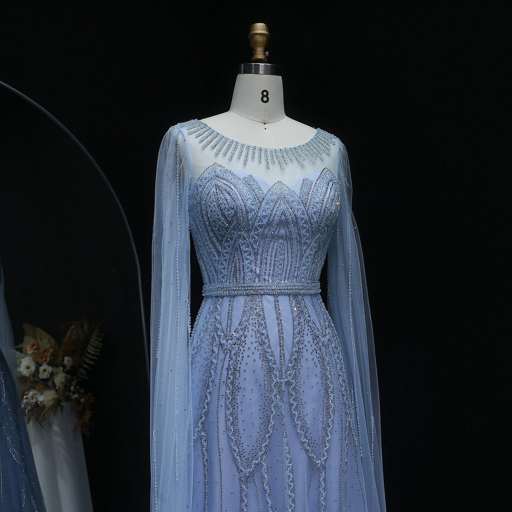 Stunning Beaded Blue Scoop Neck Evening Dress with Cape Sleeve SS032