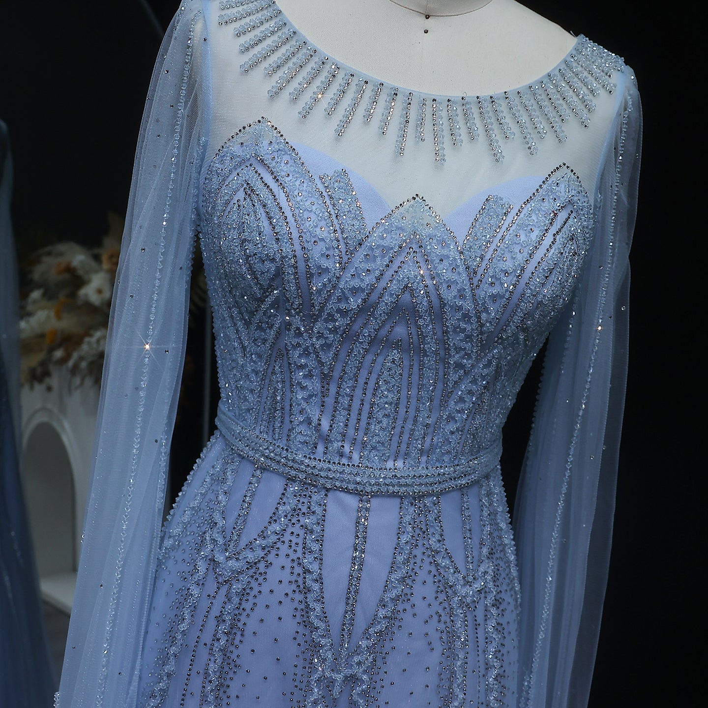 Stunning Beaded Blue Scoop Neck Evening Dress with Cape Sleeve SS032