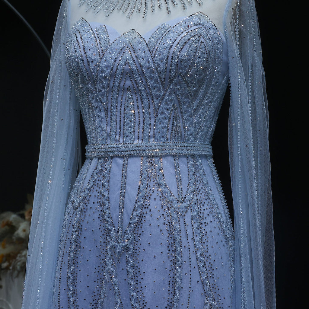 Stunning Beaded Blue Scoop Neck Evening Dress with Cape Sleeve SS032