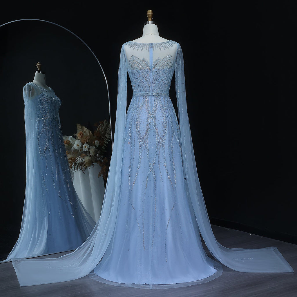 Stunning Beaded Blue Scoop Neck Evening Dress with Cape Sleeve SS032