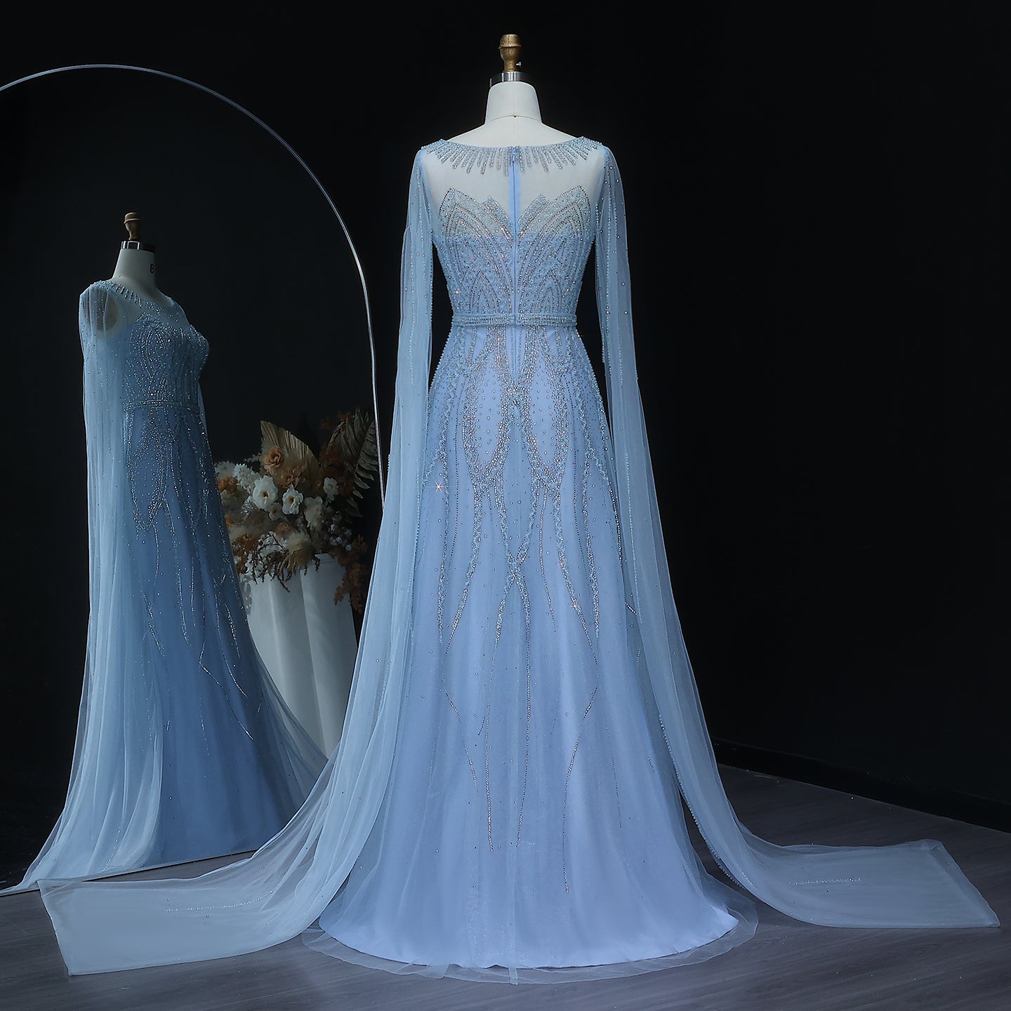 Stunning Beaded Blue Scoop Neck Evening Dress with Cape Sleeve SS032