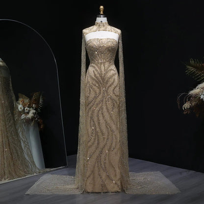 Luxury Beaded Red Mermaid Evening Dress with Cape Sleeves SS663
