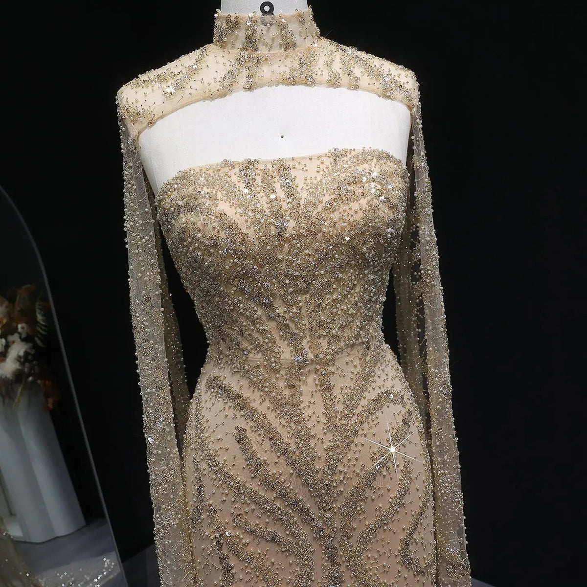 Luxury Beaded Red Mermaid Evening Dress with Cape Sleeves SS663