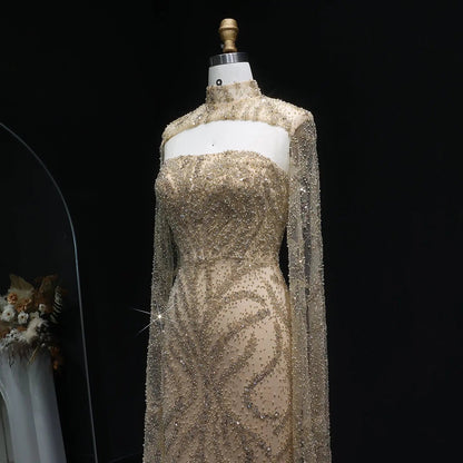 Luxury Beaded Red Mermaid Evening Dress with Cape Sleeves SS663