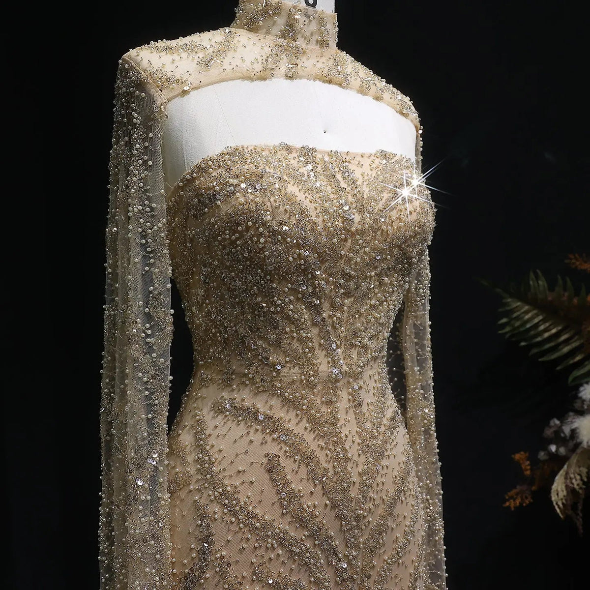 Luxury Beaded Red Mermaid Evening Dress with Cape Sleeves SS663