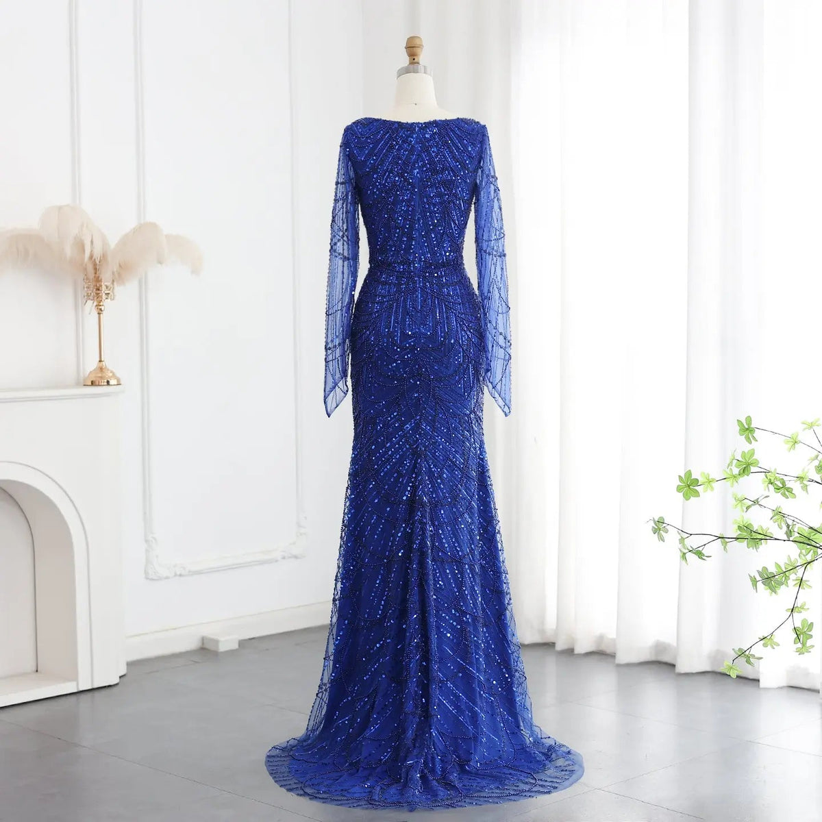 Luxury Beaded Champagne Long Sleeves Mermaid Evening Dress SS686