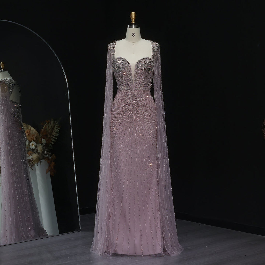 Luxury Beaded Pink Evening Dress with Cape Sleeves SS194