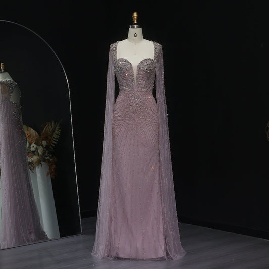Luxury Beaded Pink Evening Dress with Cape Sleeves SS194