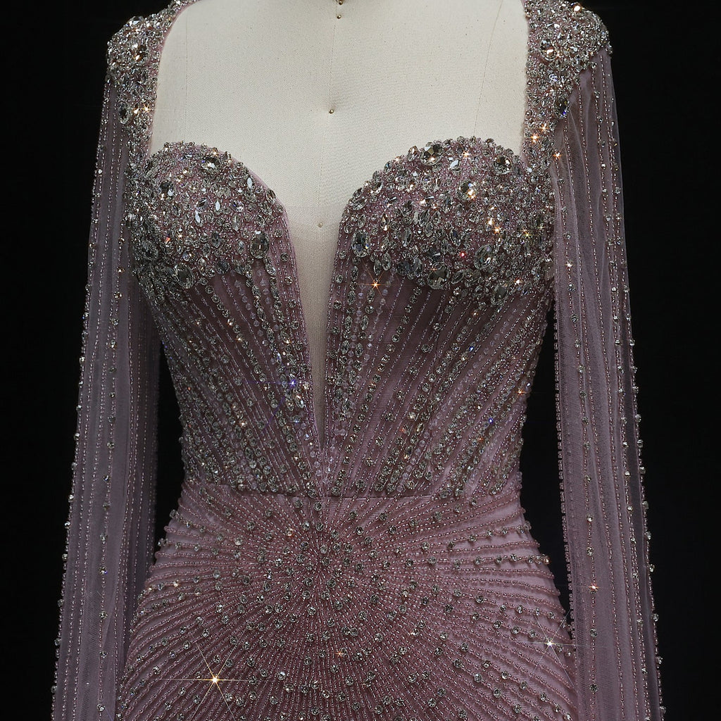 Luxury Beaded Pink Evening Dress with Cape Sleeves SS194