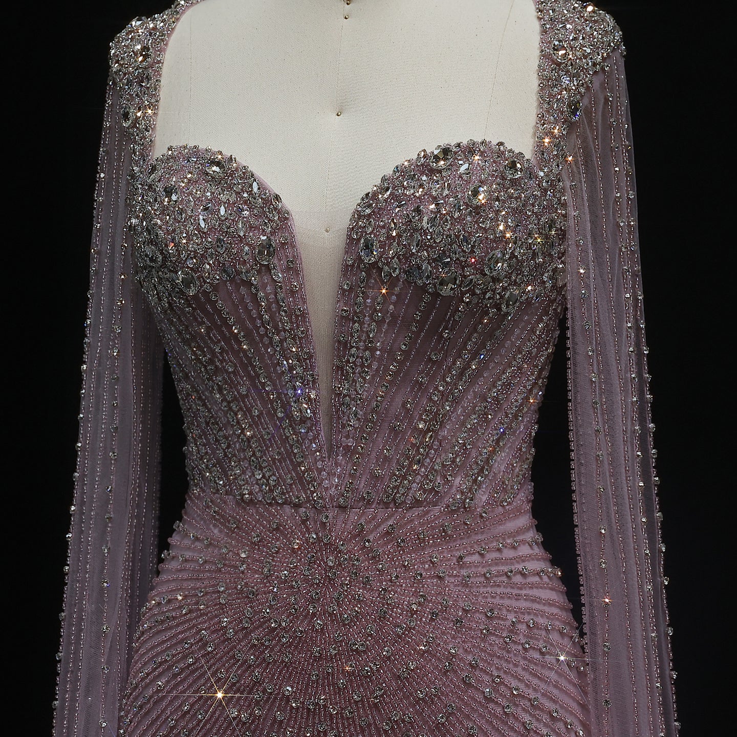 Luxury Beaded Pink Evening Dress with Cape Sleeves SS194
