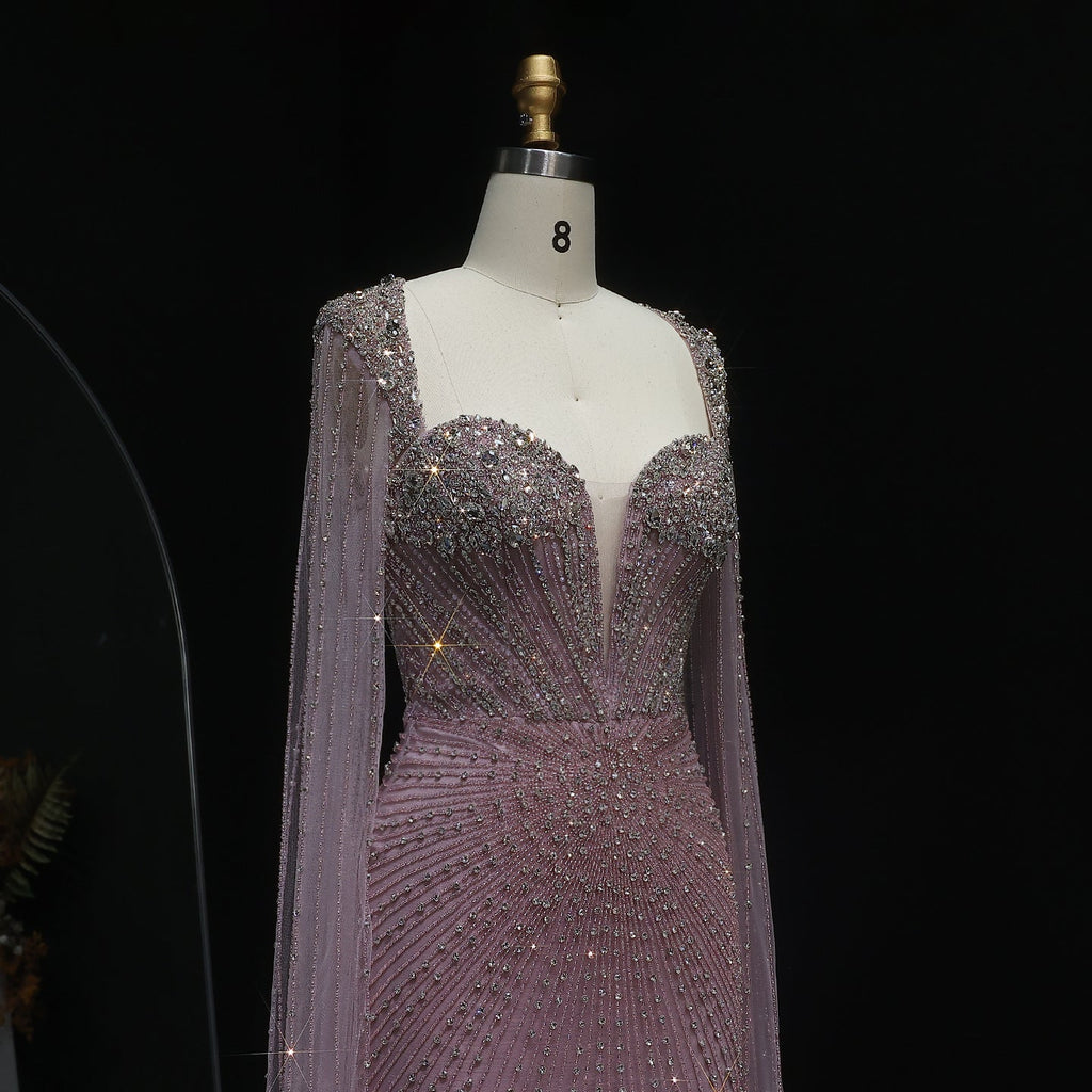 Luxury Beaded Pink Evening Dress with Cape Sleeves SS194