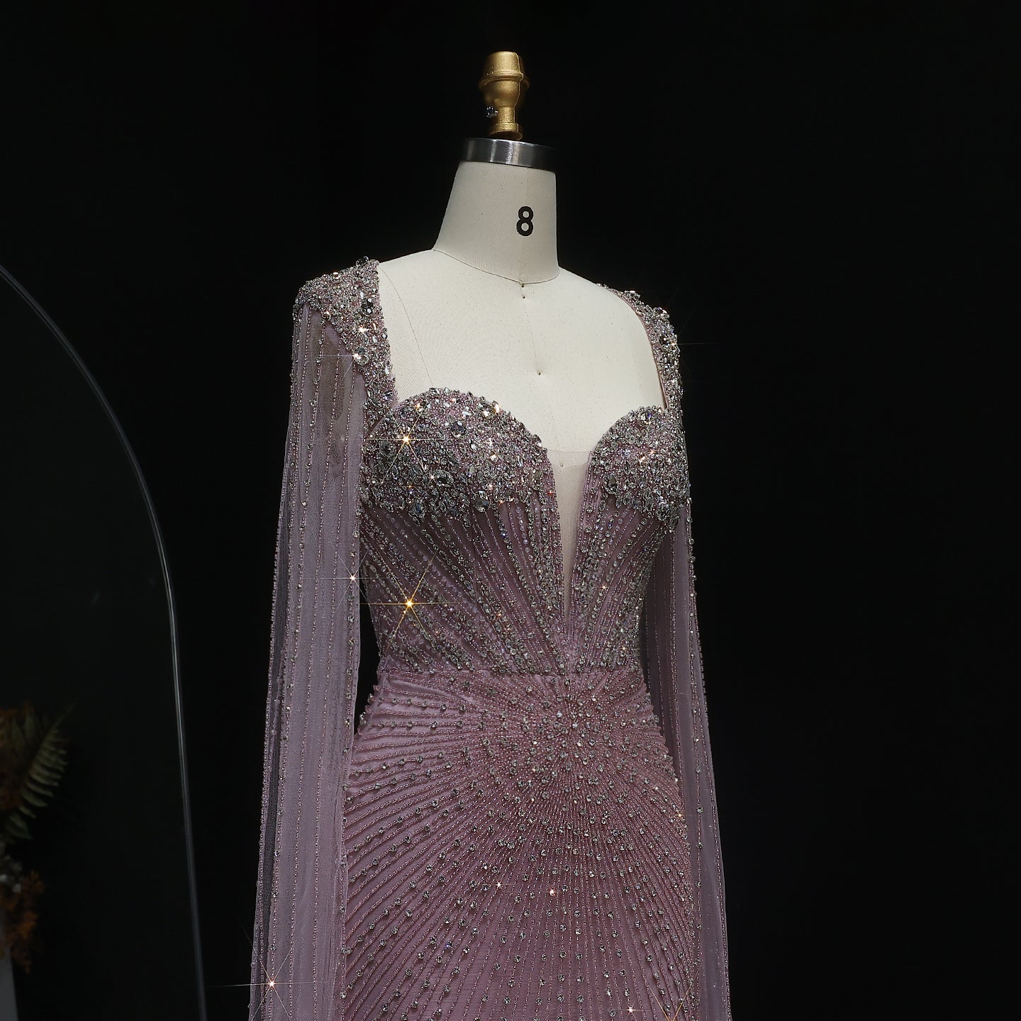 Luxury Beaded Pink Evening Dress with Cape Sleeves SS194