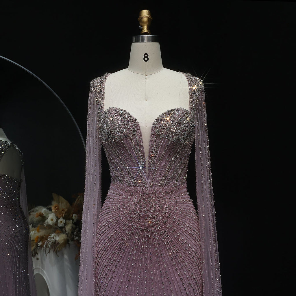 Luxury Beaded Pink Evening Dress with Cape Sleeves SS194