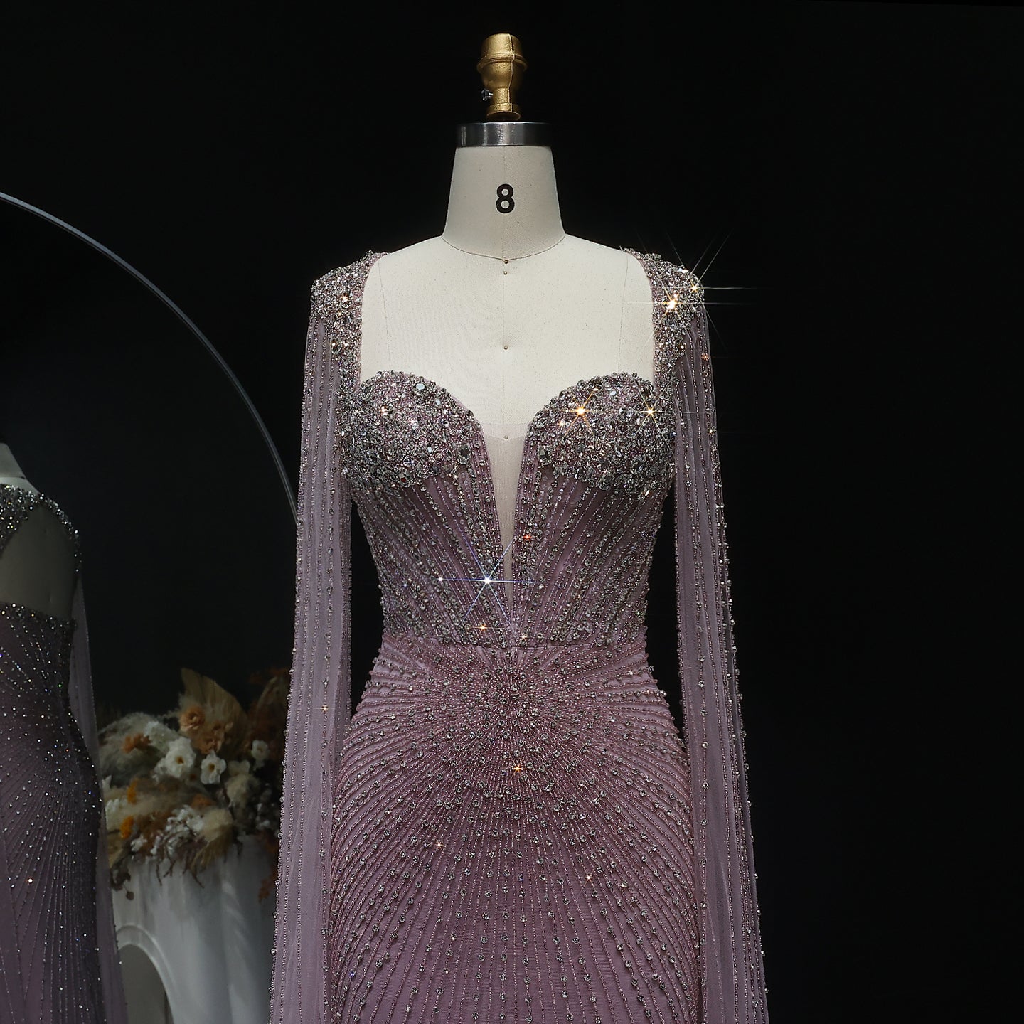 Luxury Beaded Pink Evening Dress with Cape Sleeves SS194